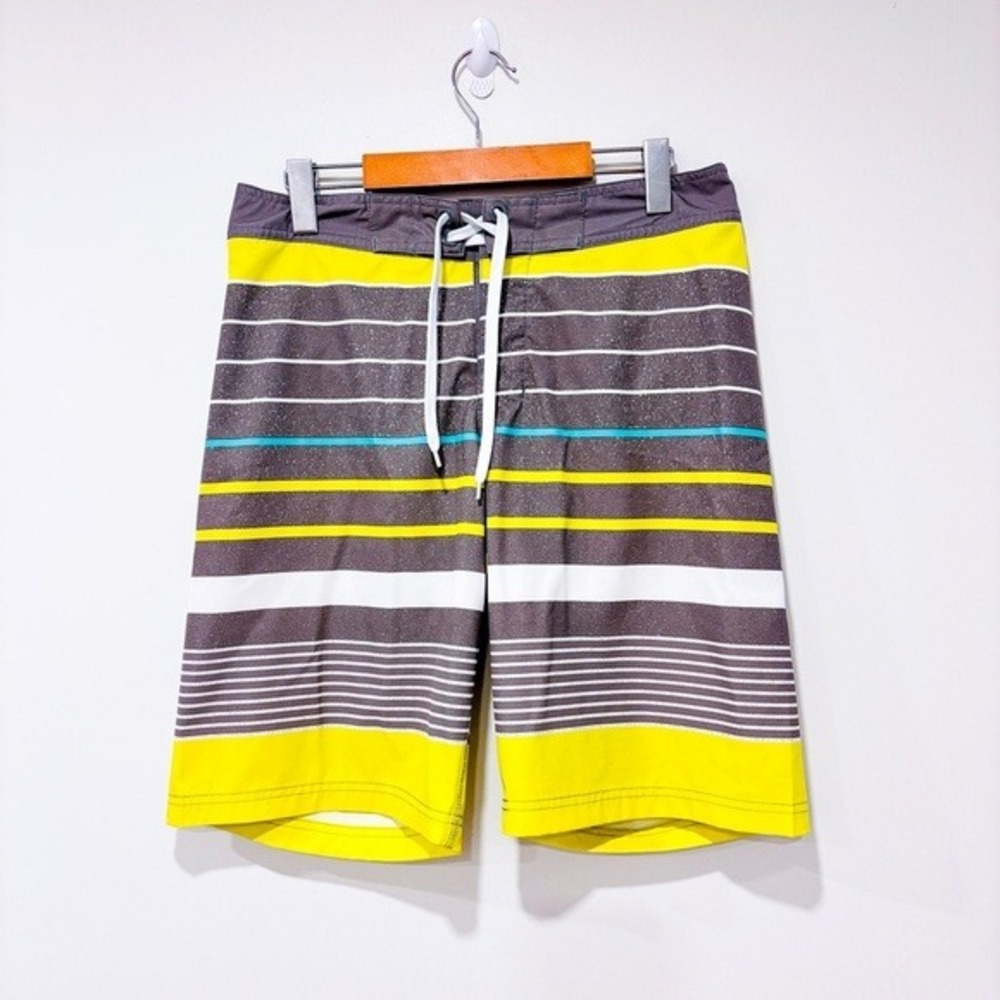 BAD BONES Grey Yellow Striped Stretch Lace Up Board Shorts Swim Size 30